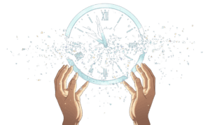 Óra széttörése, idő múlásának szimbolikus ábrázolása, a jövőformálás és változás témájában.